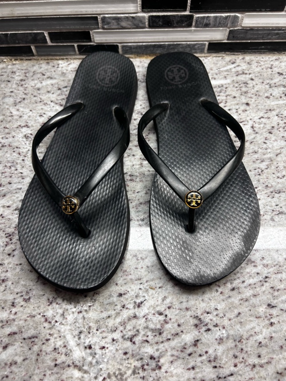 Tory Burch Black Flip Flop Sandals with Gold Logo Accent size 8